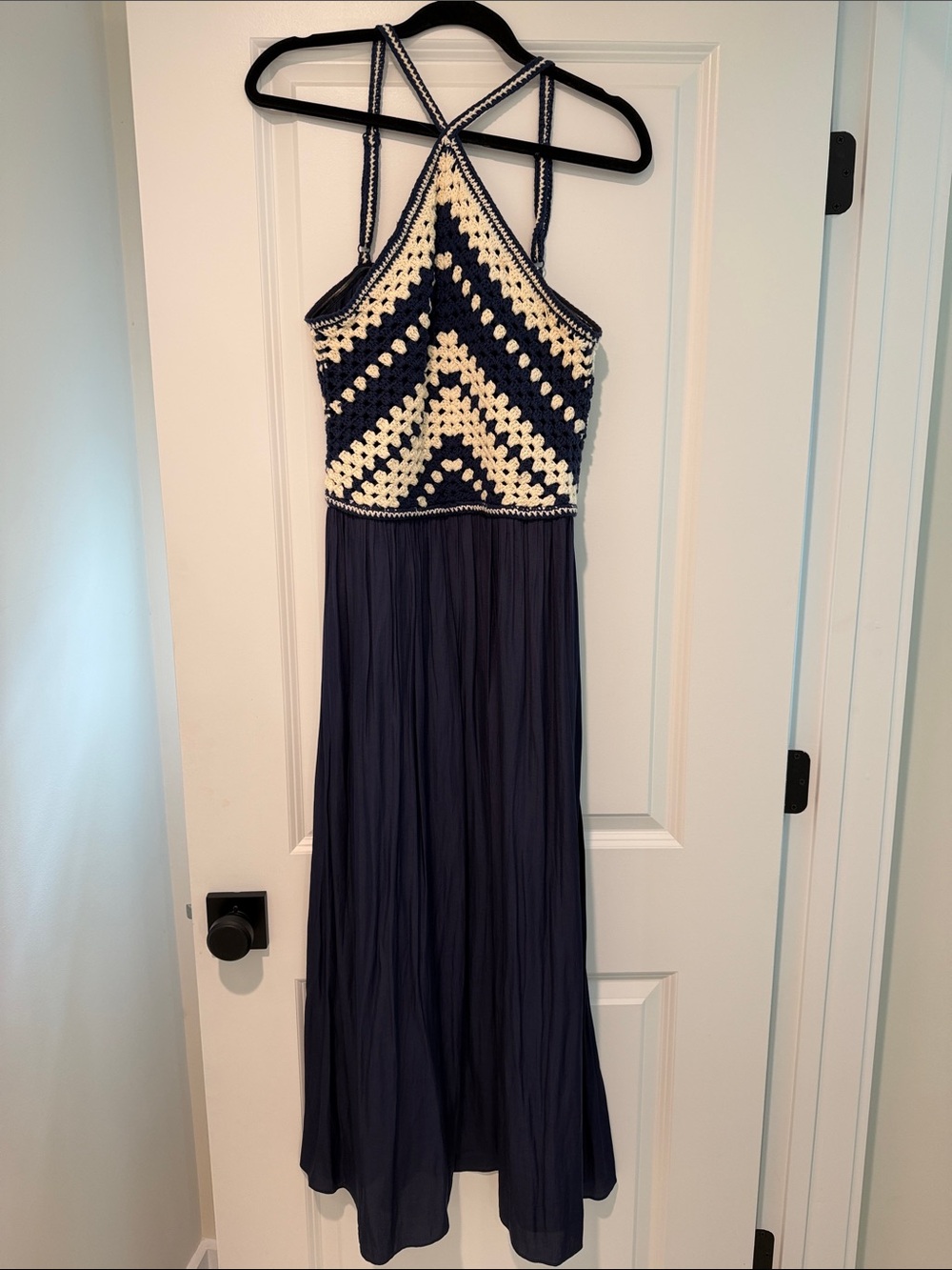 Skies Are Blue Navy and Cream Crochet Bodice Maxi Dress